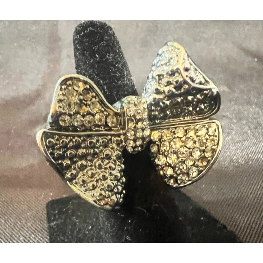 Coquette Rhinestone Bow Ring Size 7.5 Silver‎ Cocktail Ring Y2K Glam Sparkly